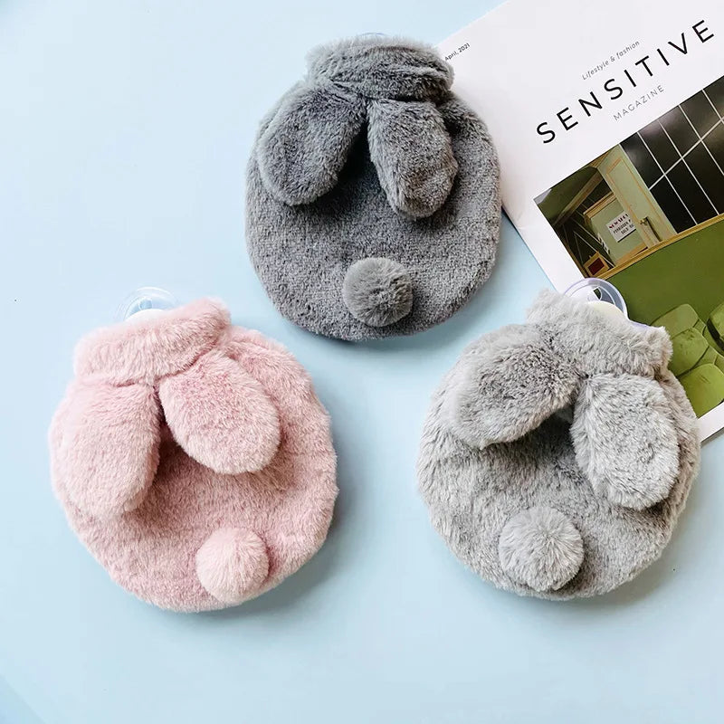 300ML Cute Plush Rabbit Hot Water Bag with Cover for Winter Hand Feet Warmer Explosion-Proof Reusable Jug Bottle for Hot Water